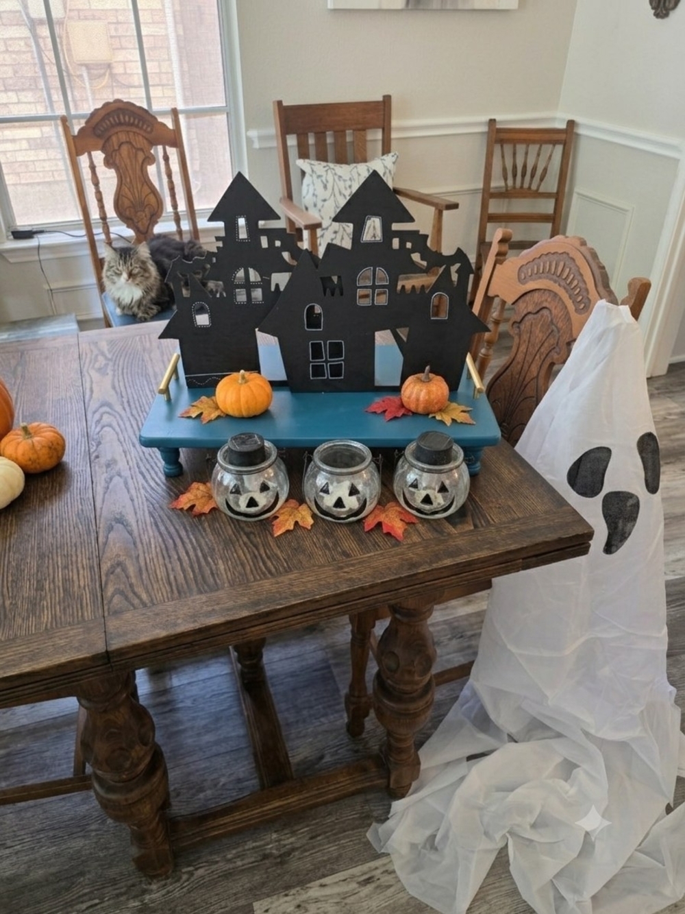 Halloween Decor Lot: Haunted House Silhouette, Jack-o-lantern Lanterns, Ghost